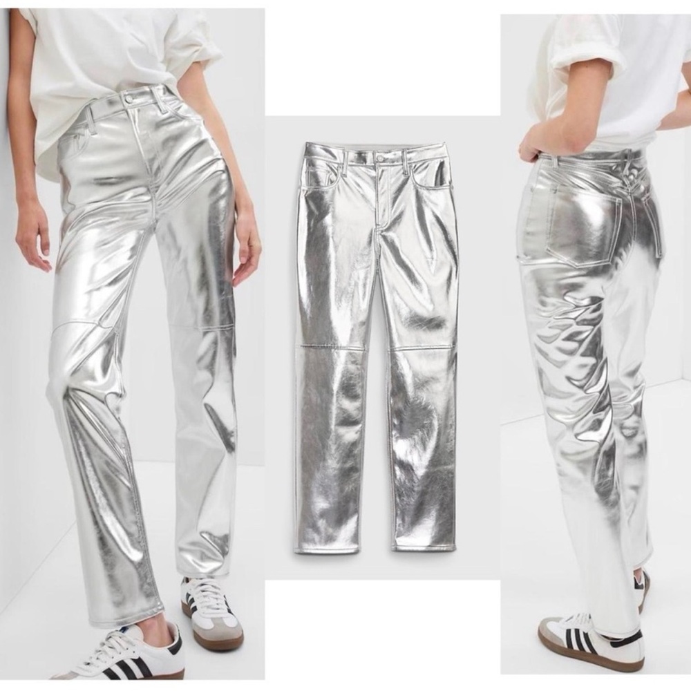 GAP Metallic Silver High Rise Vegan Faux Leather Cheeky Straight Pants Sz 16